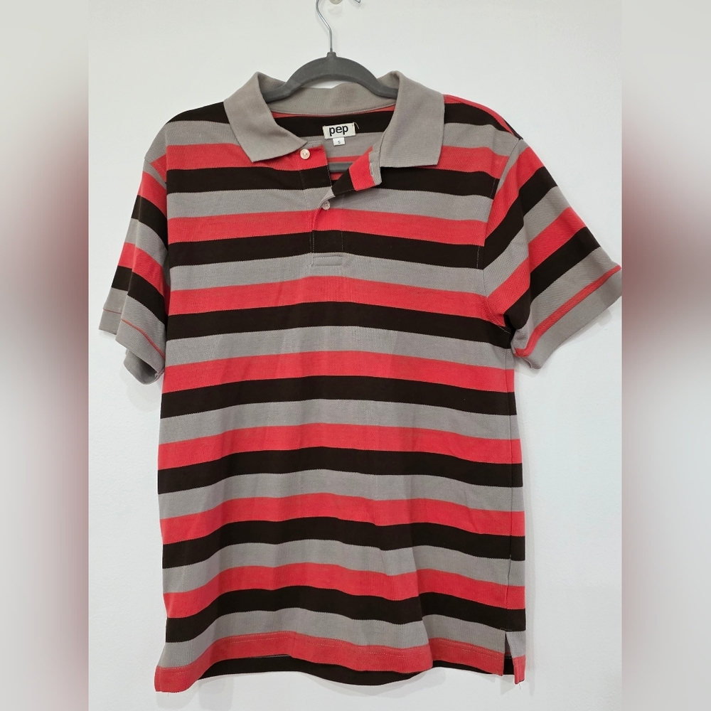 Men's Striped Polo Shirt - Red, Black, and Gray